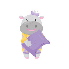Cute adorable hippo with a bow standing and holding pillow, lovely behemoth animal cartoon character vector Illustration