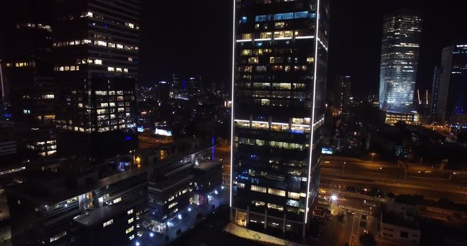 Flying over Tel Aviv City and traffic at Night  Drone shot of Skyscrapers and traffic in Tel aviv at Night