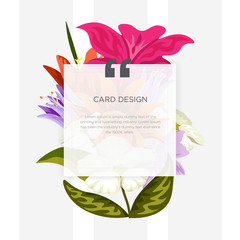 Wedding Event Invitation card design with Tropical flowers, invite thank you, rsvp modern event cards Design. Tropical floral bright leaf branches decorative wreath & frame