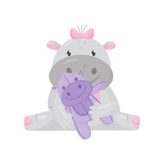 Fototapeta premium Cute adorable hippo with a pink bow sitting and playing with toy, lovely behemoth animal cartoon character vector Illustration