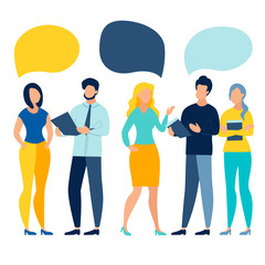 People work team conversation with blank text bubbles. Business work situation in flat style. Cartoon vector illustration