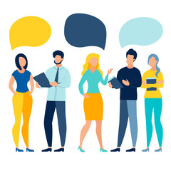 Obraz premium People work team conversation with blank text bubbles. Business work situation in flat style. Cartoon vector illustration