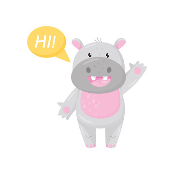 Cute adorable hippo saying Hi and waving his hand, lovely behemoth animal cartoon character vector Illustration