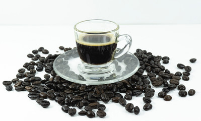 Cappuccino hot coffee in glass cup  on white background,with copy space for your text..
