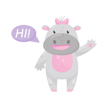 Cute adorable hippo with a pink bow saying Hi and waving hand, lovely behemoth animal cartoon character vector Illustration