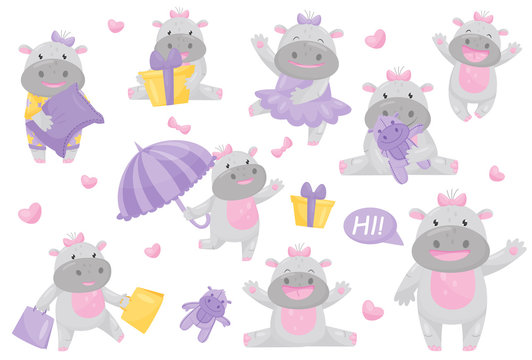 Cute adorable hippo girl with bow in different situations set, lovely happy smiling behemoth animal cartoon character vector Illustration