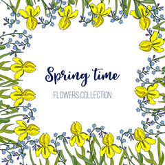 Spring flowers iris and forget-me-not frame