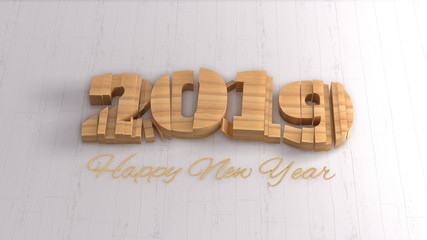 2019 isolated numbers lettering written by wood and golden Happy New year on white background. 3d illustration