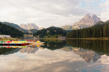 Auronzo di Cadore, Italy August 9, 2018: Misurina Mountain Lake. Beautiful tourist spot. catamarans...