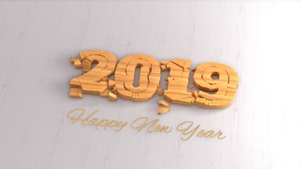 Happy new year 2019 isolated numbers lettering written by wood on white background. 3d illustration