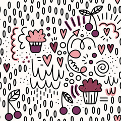 Valentine's day. Vector seamless pattern in Doodle style. Cakes and berries