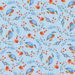 Watercolor pattern with blue bird and leaves,orange berries.