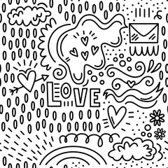 Valentine's day. Vector seamless pattern in Doodle style. Letter, hearts