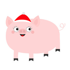 Pig piglet in Santa red hat. Cute cartoon funny baby character. Hog swine sow animal. Chinise symbol of 2019 new year. Zodiac sign. Flat design. White background. Isolated.