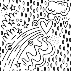 Valentine's day. Vector seamless pattern in Doodle style. Heart, comet, stars