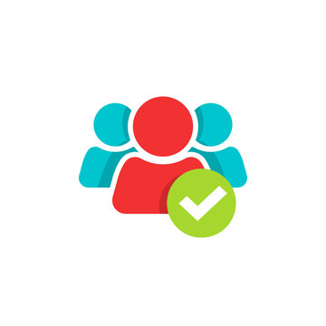 People group with checkmark vector icon, flat cartoon team union logo, success partnership symbol, united membership or verified unity, friendship or family support sign, connection