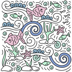 Underwater world, fishs, plants, waves. Hand drawing. Doodle style. Vector illustration.