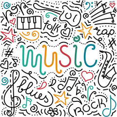 "Music" - hand lettering. Music symbols . Doodle style. Vector illustration.