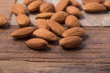 Almonds on a rustic wooden table