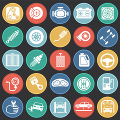 Car parts and repair icon set on color circles background for graphic and web design, Modern simple vector sign. Internet concept. Trendy symbol for website design web button or mobile app.