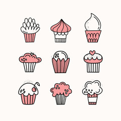 Vector set of cupcakes. Muffins, cakes. Hand-drawn. Doodle style. 9 pieces of desserts.