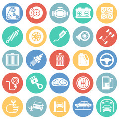 Car parts and repair icon set on color circles background for graphic and web design, Modern simple vector sign. Internet concept. Trendy symbol for website design web button or mobile app.