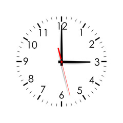 Obraz na płótnie Canvas Clock face showing 3 o'clock isolated on white background. Vector illustration