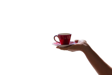 female hand holding a red cup of coffee or tea isolate white background ,with clipping path