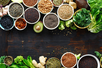 Obraz na płótnie Canvas Frame superfoods copy space cereals seeds top view Healthy vegetarian food
