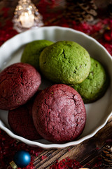 Christmas and winter holidays red and green cookies Set with Christmas decorations.