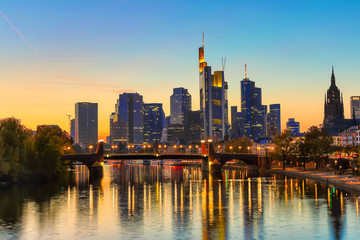 Fototapeta na wymiar Skyline cityscape of Frankfurt, Germany during sunset. Frankfurt Main in a financial capital of Europe.