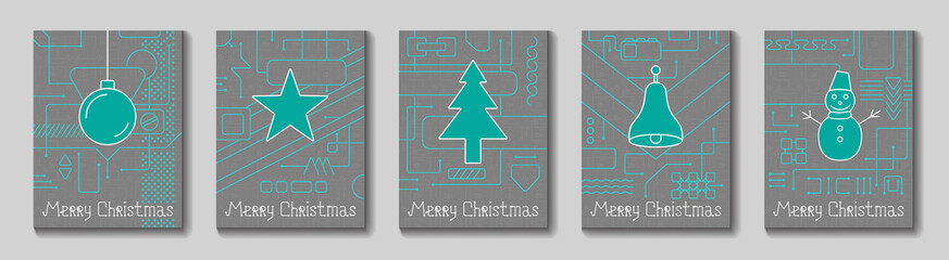 Merry Christmas Holiday Greeting Card. Geometry lines, art techno style. Line art design. Vector Illustration.