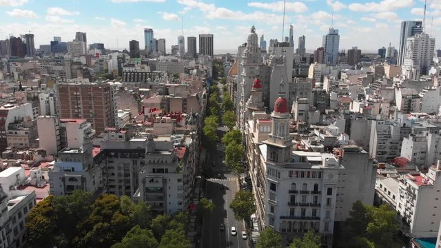 Aerial drone view of historic neoclassic architecture Barolo Palace building in Buenos Aires above Avenida de Mayo, Argentina
