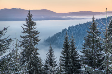 Winter morning with mist in mountains