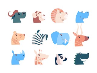 Cartoon cute animals for baby card and invitation. Vector illustration. Lion, lion, elephant, leopard, antelope, buffalo, giraffe, crocodile, zebra, monkey, rhino, hippo, lemur.