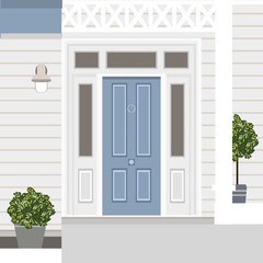 House door front with doorstep, window, steps, lamp and plants, building entry facade, exterior entrance design illustration vector in flat style