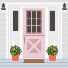 House door front with window, steps, lamps and plants, building entry facade, exterior entrance design illustration vector in flat style