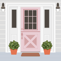 House door front with window, steps, lamps and plants, building entry facade, exterior entrance design illustration vector in flat style