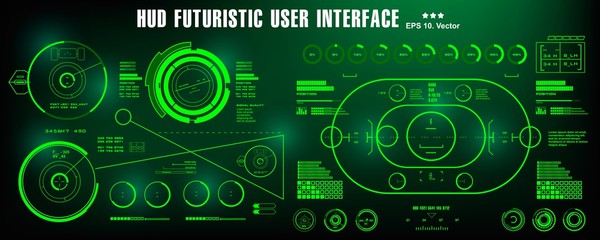 HUD futuristic green user interface, dashboard display virtual reality technology screen, target
