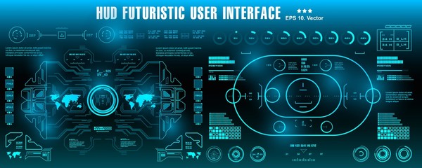 HUD futuristic blue user interface, dashboard display virtual reality technology screen