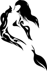 Silhouette mermaid sitting on the waves. Isolated figure of girl from fairytale.