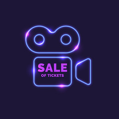 Neon poster Sale of tickets. Modern graphics, Discounts on film.