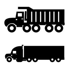 Black and White vector illustration of side view of trucks.