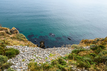 Green Thracian cliffs, Kaliakra Lighthouse, Black sea water, bulgarian coastline
