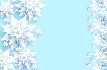Blue realistic paper cut snowflakes