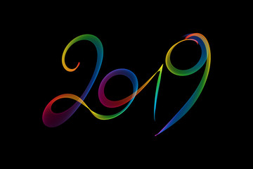 Happy new year 2019 isolated numbers lettering written with rainbow fire flame or smoke on black background