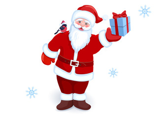 Сartoon Santa Claus with gift box in his hand and bullfinch on his shoulder