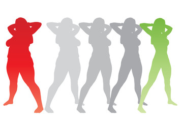 Fototapeta premium Vector conceptual fat overweight obese female vs slim fit healthy body after weight loss or diet with muscles thin young woman isolated. Fitness, nutrition or fatness obesity, health silhouette shape
