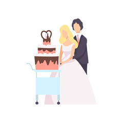 Bride and groom cutting wedding cake at ceremony, couple of newleads vector Illustration on a white background