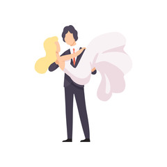 Elegant groom holding his beautiful bride in his arms, romantic couple of newleads at wedding ceremony vector Illustration on a white background